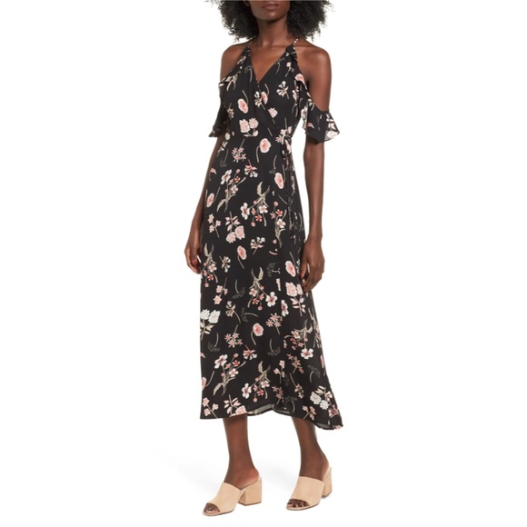 Lush Dresses & Skirts - Lush Floral Cold Shoulder Midi Wrap Dress
